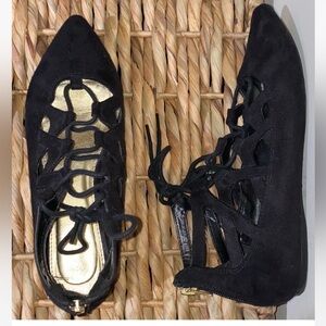 Strappy Pointed Toe Ballet Flat shoes pointy toe black faux suede lace up flats
